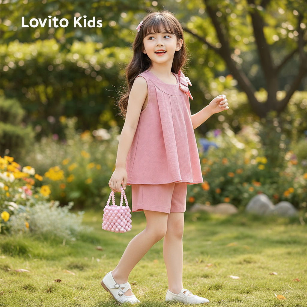 Lovito Kids Conjuntos de Shorts com Plissado e Laço em Tecido Macio para Todas as Estações Rosa LNL111225 - Oferta na Shopee