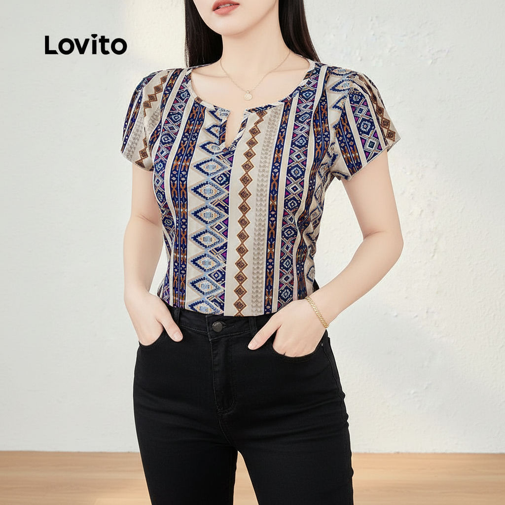 Lovito Blusa Feminina Casual com Babado para Primavera e Verão L142ED1065 - Oferta na Shopee
