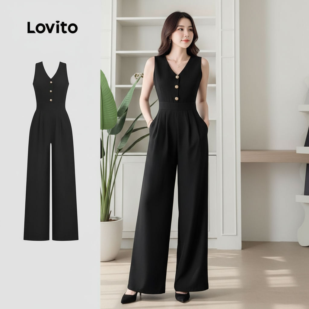 Lovito Macacão Feminino Casual Botão Zíper Bolsos Verão Primavera Preto L134ED117 - Oferta na Shopee