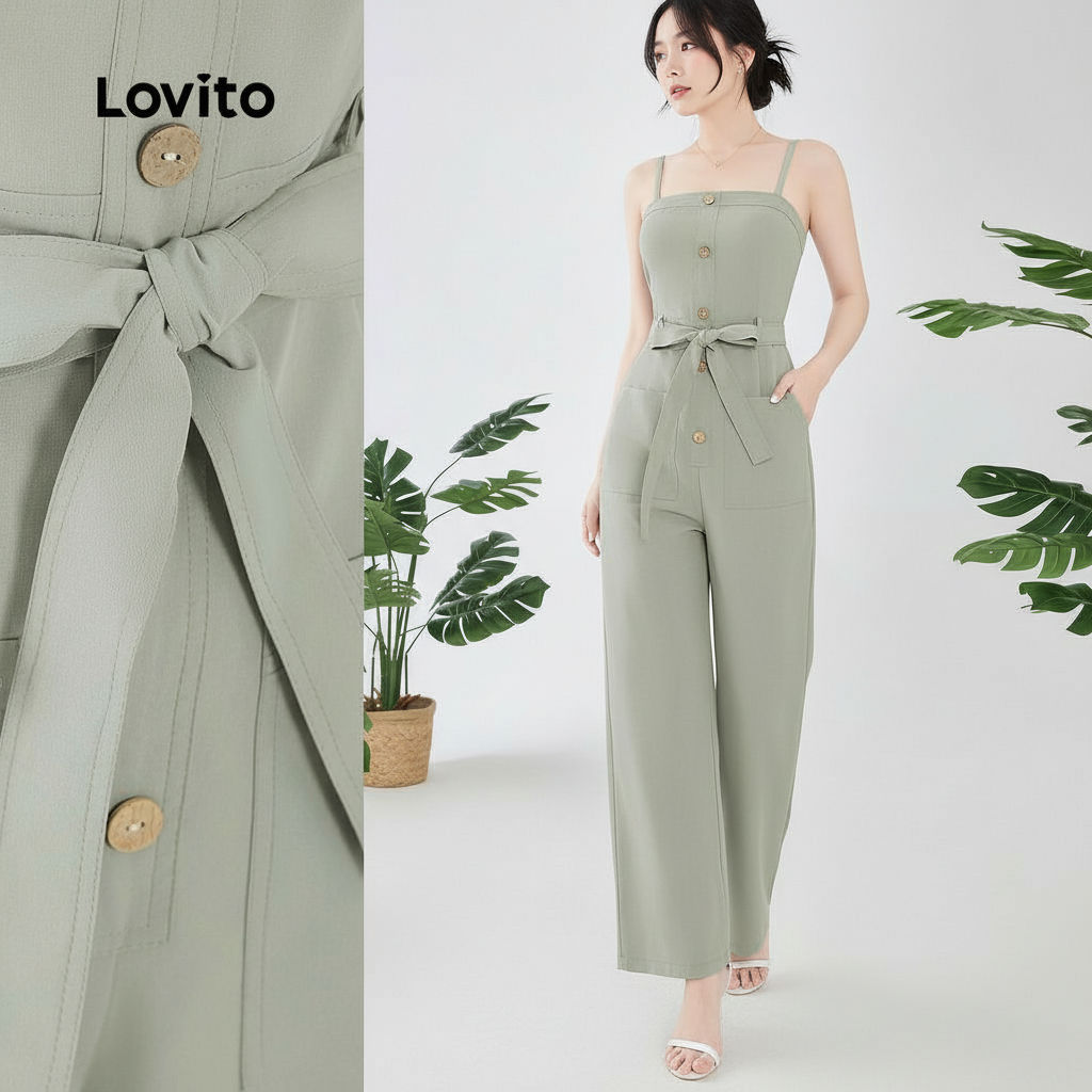 Lovito Macacão Feminino Casual Bolso Botão Cinto Verão Primavera Cinza Verde L134LD283 - Oferta na Shopee