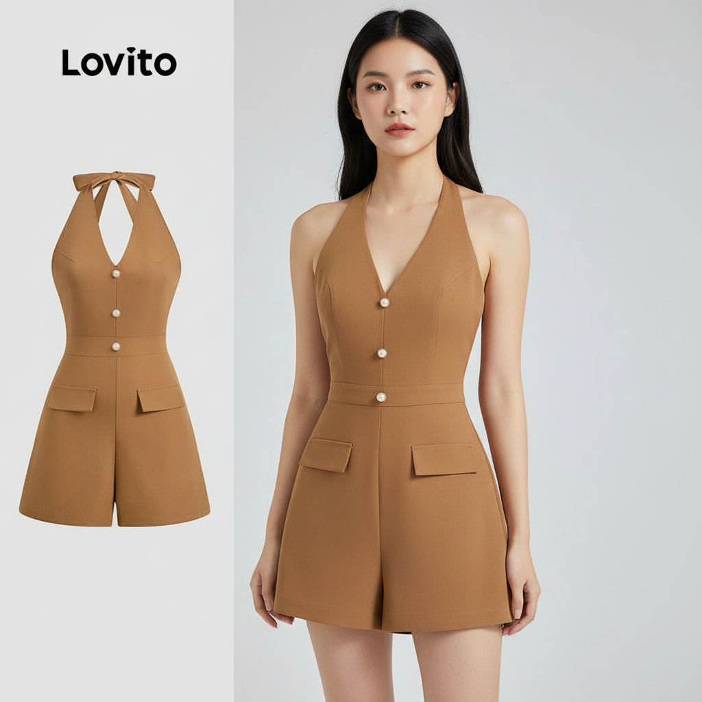 Lovito Macacão sofisticado com botões lisos para mulheres L129ED509 - Oferta na Shopee