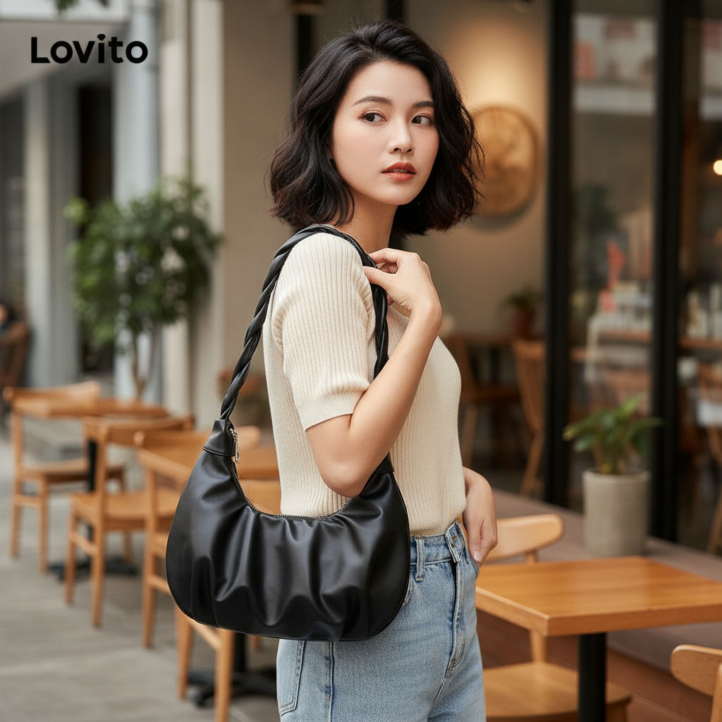 (trendy3)Lovito Sacola Casual Com Alça Superior Bolsa Plissada Lisa Para Mulheres L66AD043  (Branco/Preto) - Oferta na Shopee