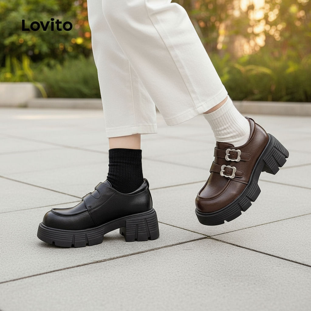 Lovito Vintage Sweet Cool Sola grossa Alças duplas Estilo britânico Outfit Mary Jane para mulheres LFA582743 - Oferta na Shopee