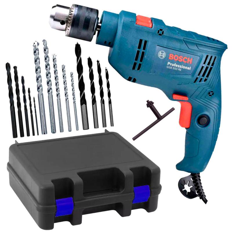 Furadeira de Impacto 1/2 POL 550W GSB 550 RE com Reversão e Kit 14 Brocas BOSCH + Maleta Furadeira de Impacto 1/2 POL 550W GSB 550 RE com Reversão e Kit 14 Brocas BOSCH + Maleta