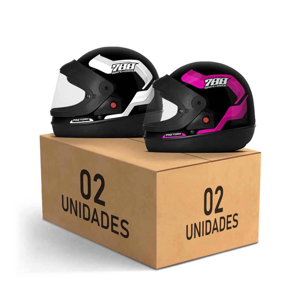 Kit 2 Capacetes Fechado Feminino e Masculino Sport Moto 788 Pro Tork com Viseira Cristal Kit 2 Capacetes Fechado Feminino e Masculino Sport Moto 788 Pro Tork com Viseira Cristal