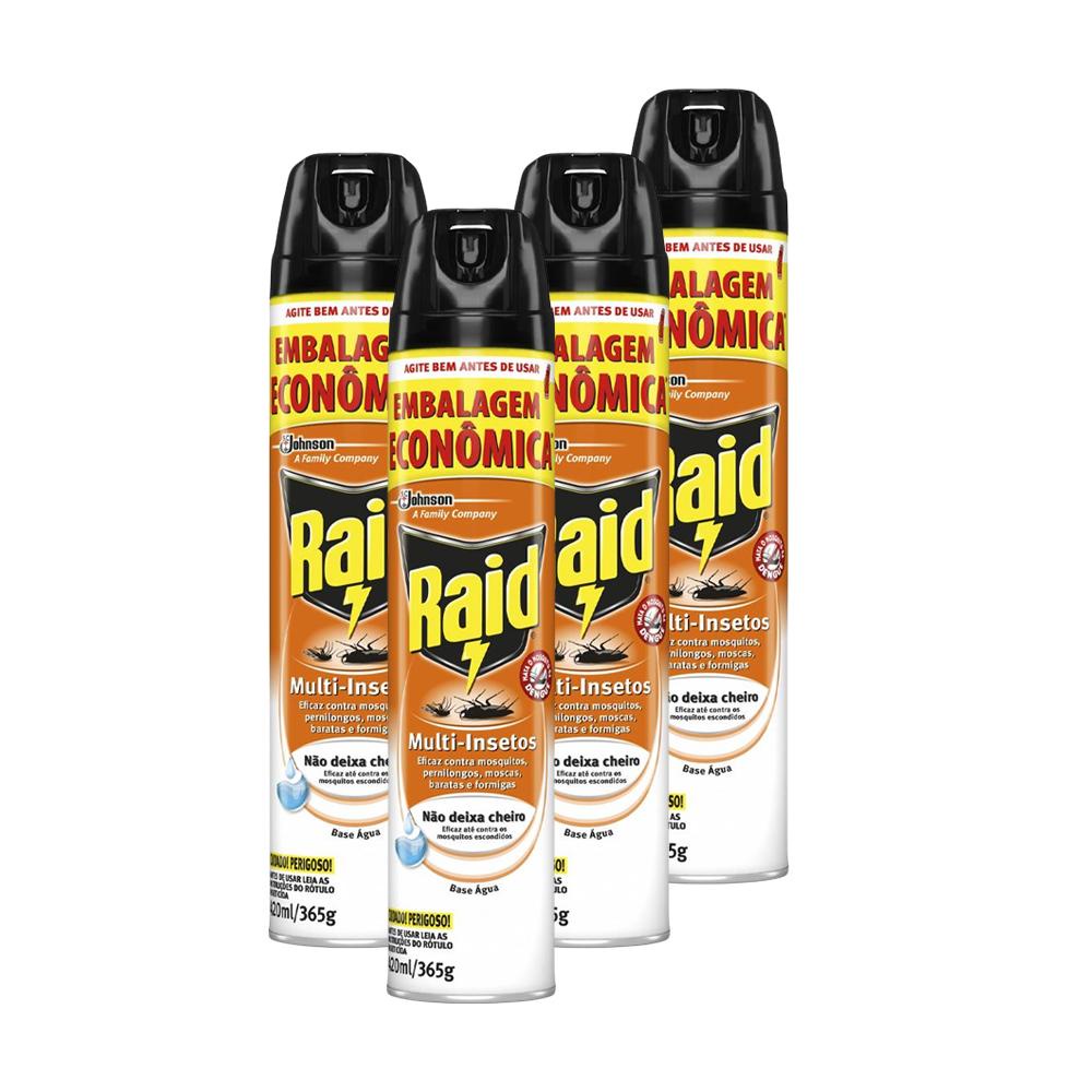 Kit 4 Inseticida Raid Aerossol Multi-Insetos Base Água 420ml Kit 4 Inseticida Raid Aerossol Multi-Insetos Base Água 420ml