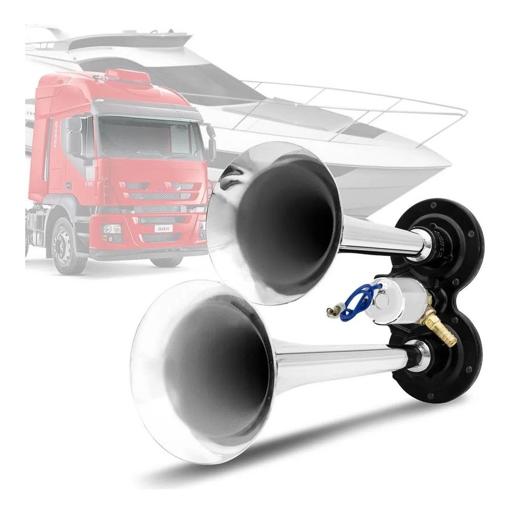 Buzina Eletropneumática Vetor Auto Para Caminhão 2 Cornetas Cromadas 12v Com Solenóide – VT043 Buzina Eletropneumática Vetor Auto Para Caminhão 2 Cornetas Cromadas 12v Com Solenóide – VT043