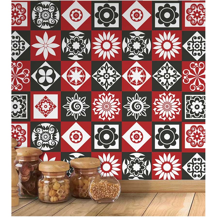 Adesivo Azulejo Grego Vermelho Mandala para Área Gourmet 1,00 metro Adesivo Azulejo Grego Vermelho Mandala para Área Gourmet 1,00 metro