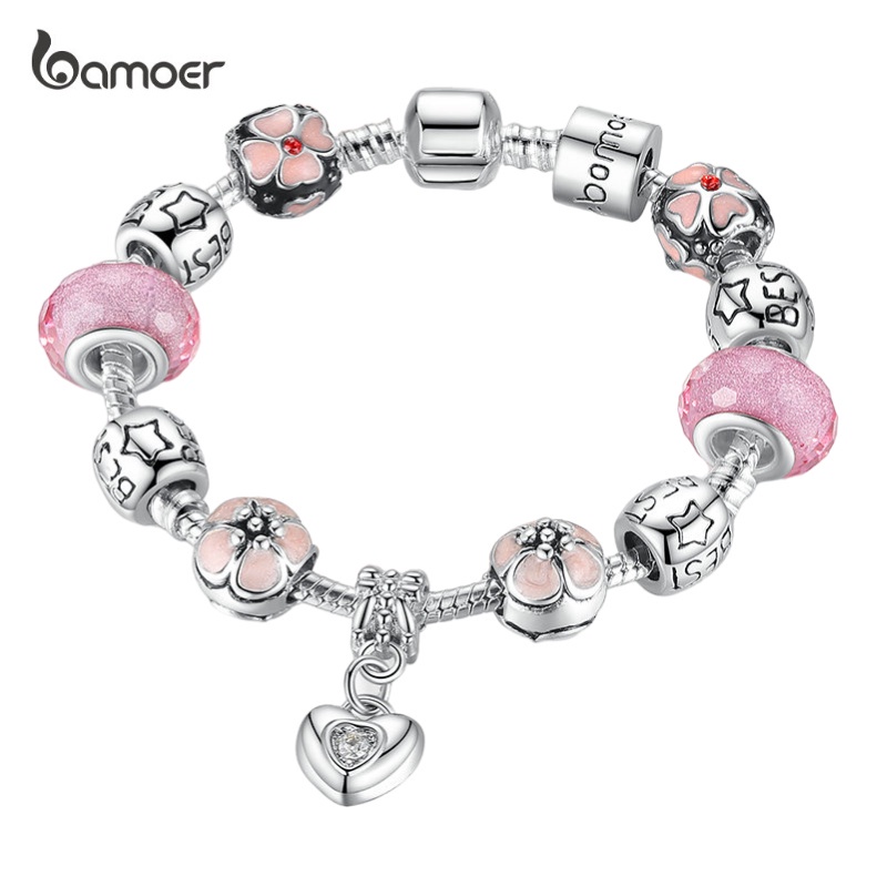 BAMOER Prata Banhado Charm Bracelet Com Pingente De Coração & Flor De Cerejeira Charme Rosa Contas De Vidro Murano Amizade Pulseira PA1459 BAMOER Prata Banhado Charm Bracelet Com Pingente De Coração & Flor De Cerejeira Charme Rosa Contas De Vidro Murano Amizade Pulseira PA1459