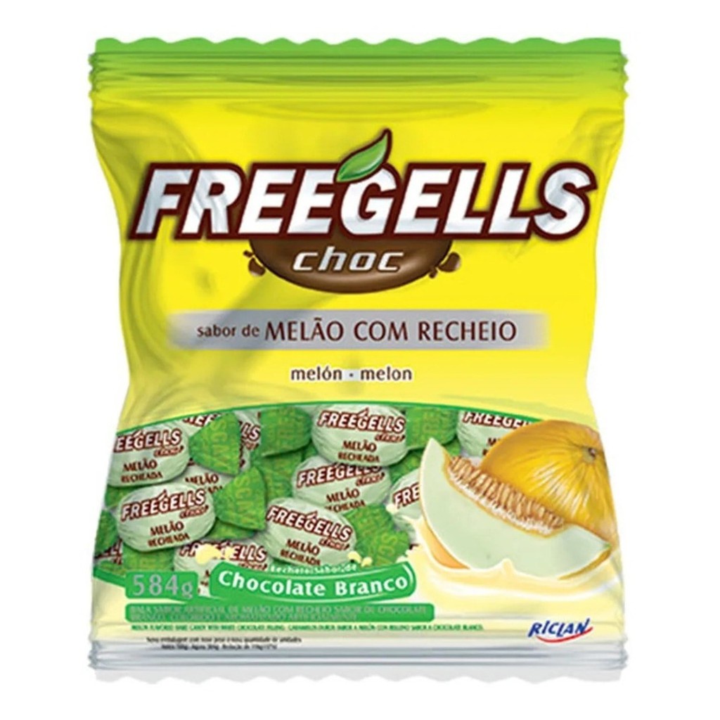 Balas Dura Melão Recheada Chocolate Branco 475g Freegells Balas Dura Melão Recheada Chocolate Branco 475g Freegells