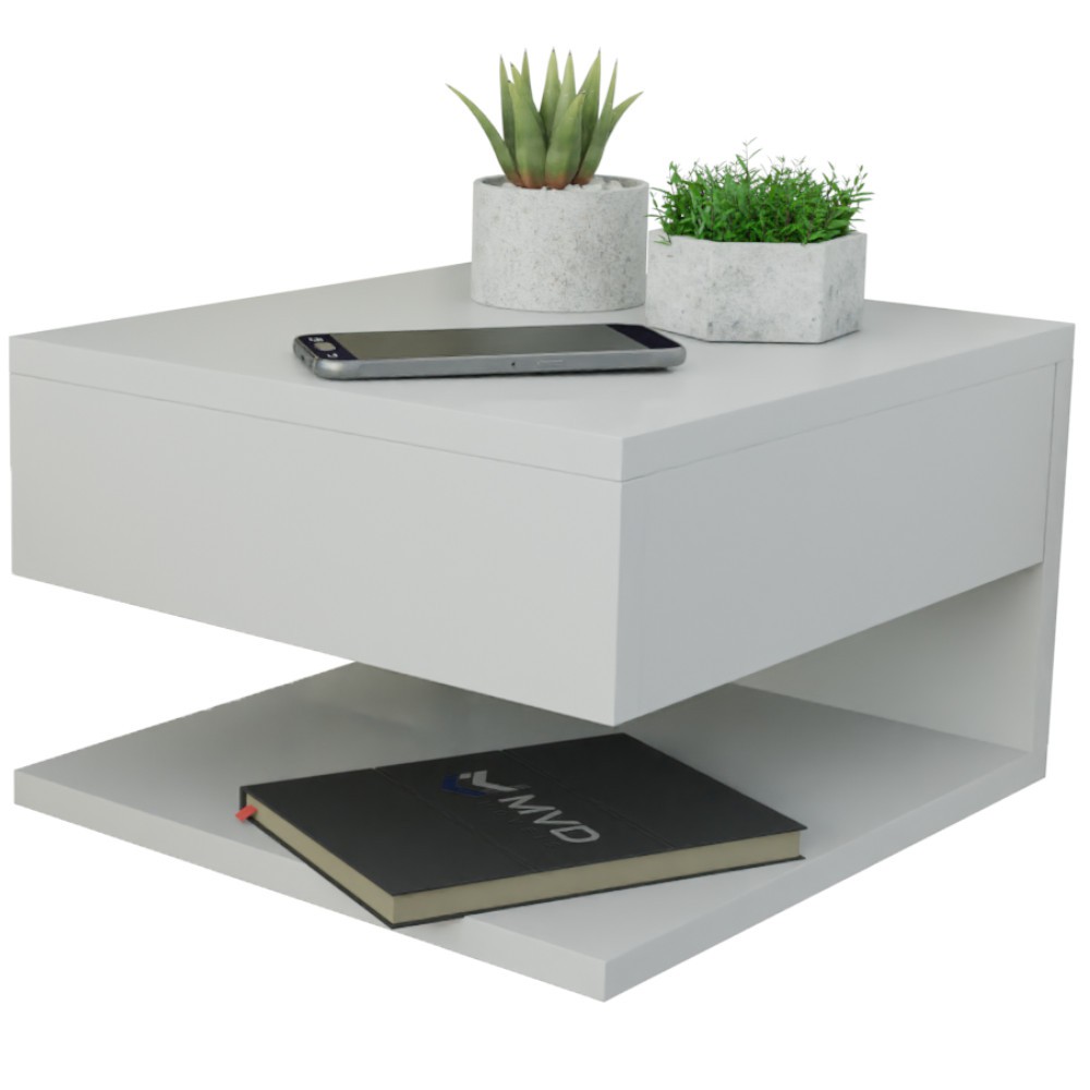 Mesa de Cabeceira Branco Com Gaveta E Prateleira Mesinha Lateral Suspensa MVD Móevis Mesa de Cabeceira Branco Com Gaveta E Prateleira Mesinha Lateral Suspensa MVD Móevis