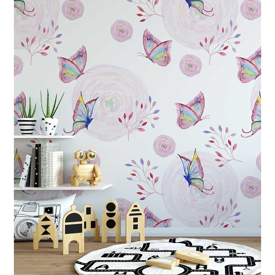 Papel de parede com borboletas e flores, em tons de roxo e branco Papel de parede com borboletas e flores, em tons de roxo e branco