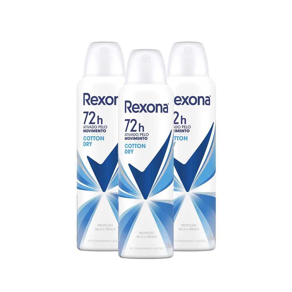 Kit com 3 Desodorantes Antitranspirantes Aerosol Feminino Rexona Cotton Dry 72 horas 150ml cada Kit com 3 Desodorantes Antitranspirantes Aerosol Feminino Rexona Cotton Dry 72 horas 150ml cada