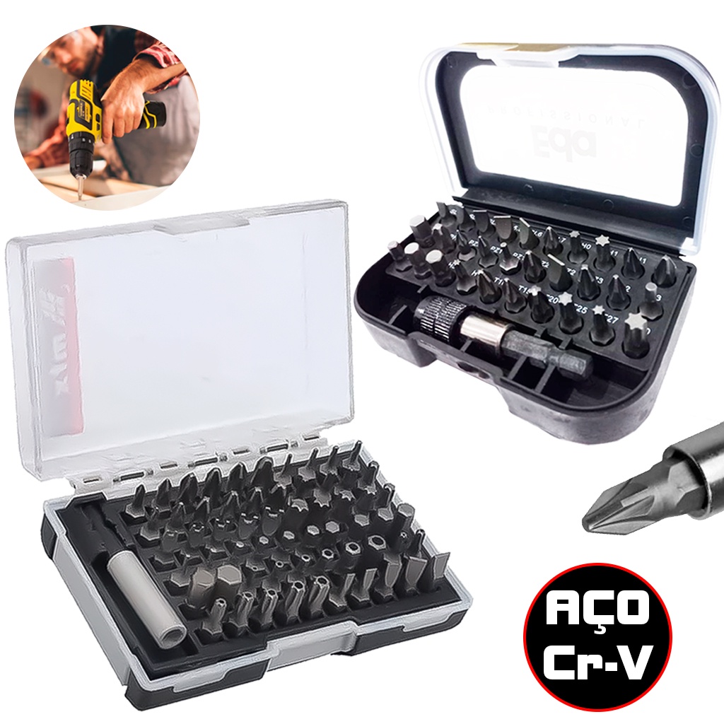 Kit Jogo Bits Parafusadeira Ponteira Com Estojo Profissional Cromo Vanádio Kit Jogo Bits Parafusadeira Ponteira Com Estojo Profissional Cromo Vanádio
