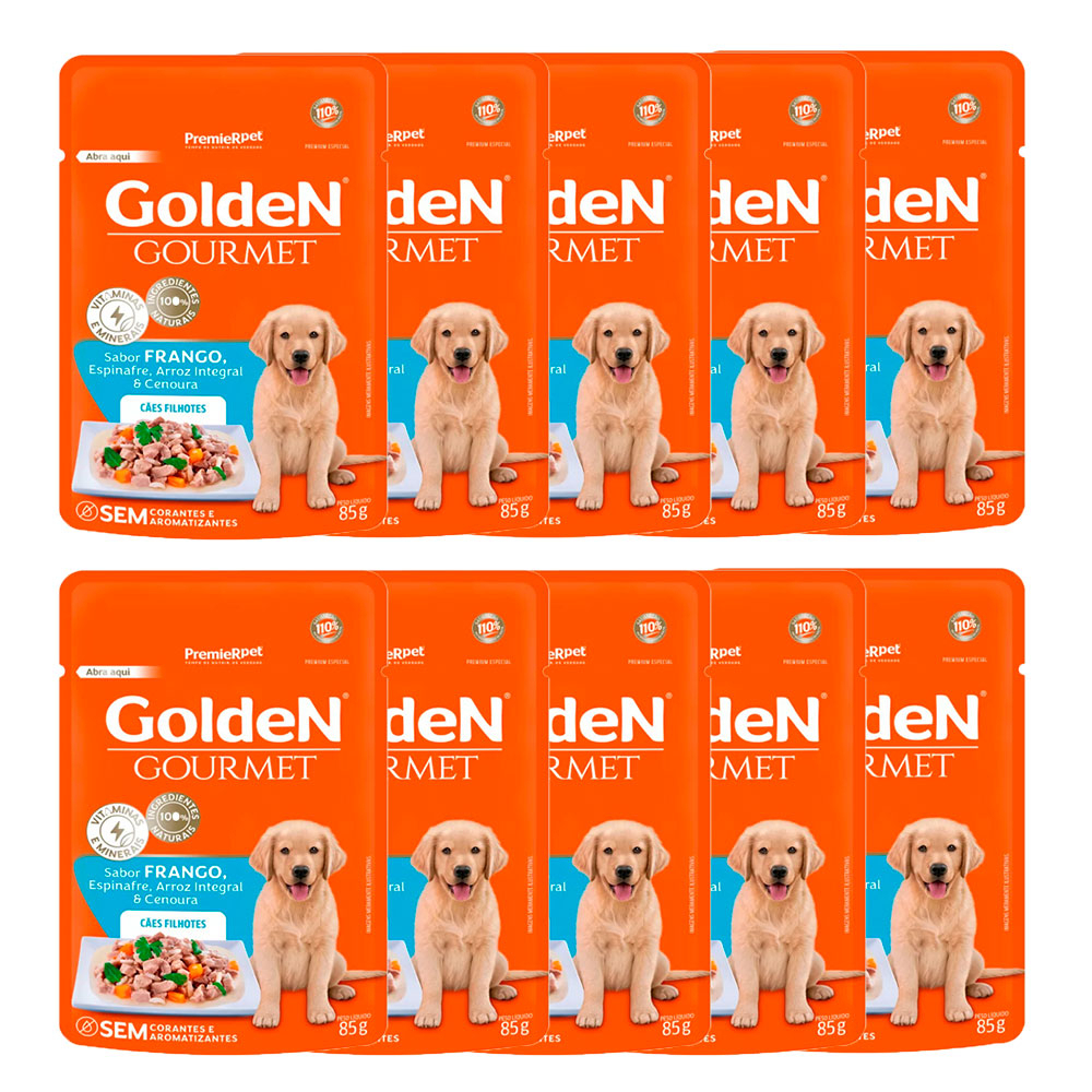 Kit 10un Ração Úmida Sachê Golden Gourmet Cães Filhotes Frango 85g Kit 10un Ração Úmida Sachê Golden Gourmet Cães Filhotes Frango 85g