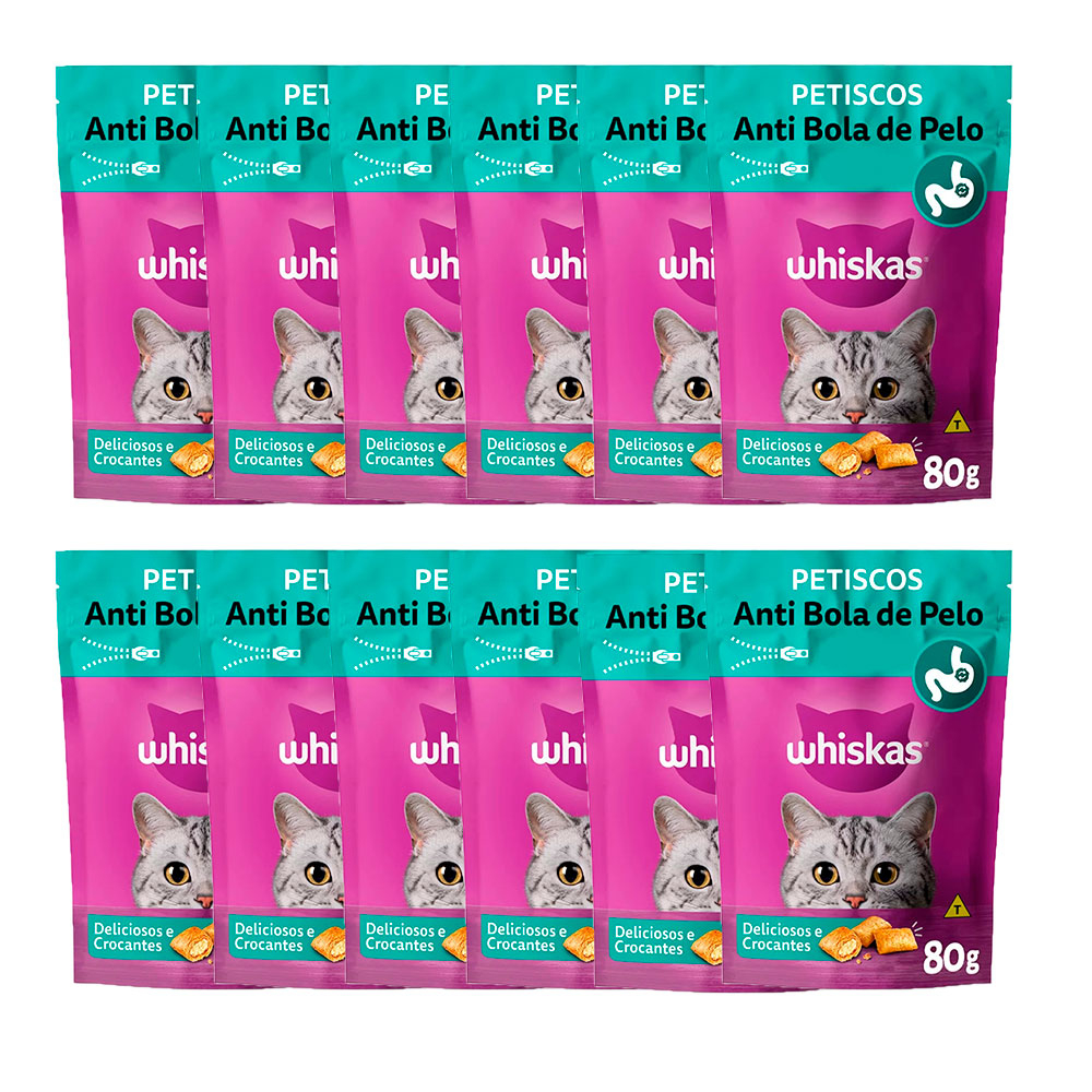 Kit 12 Un. Petisco Whiskas Temptations Anti Bola De Pelo Gatos Adultos 80g Kit 12 Un. Petisco Whiskas Temptations Anti Bola De Pelo Gatos Adultos 80g