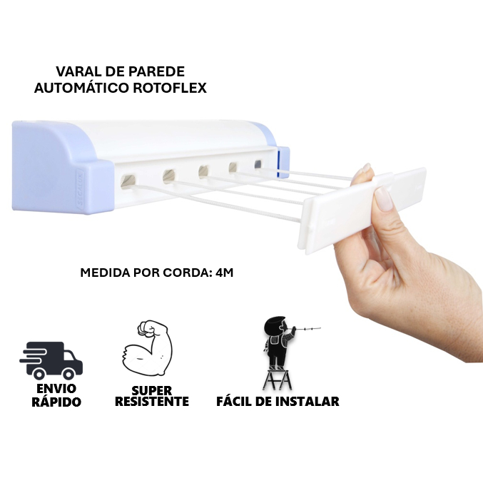 Varal De Parede Automático Rotoflex Para Apartamento Ou Casa Branco– 5 Cordas Retrátil Varal De Parede Automático Rotoflex Para Apartamento Ou Casa Branco– 5 Cordas Retrátil