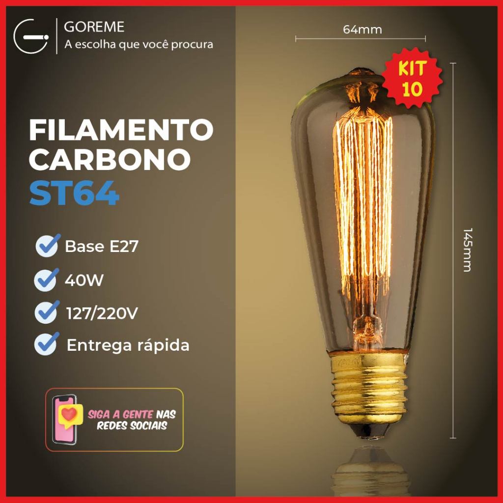 Kit 10 Lâmpada Filamento Carbono ST64 40W E27 LUZ QUENTE (AMARELO) Âmbar 110V~220V Kit 10 Lâmpada Filamento Carbono ST64 40W E27 LUZ QUENTE (AMARELO) Âmbar 110V~220V