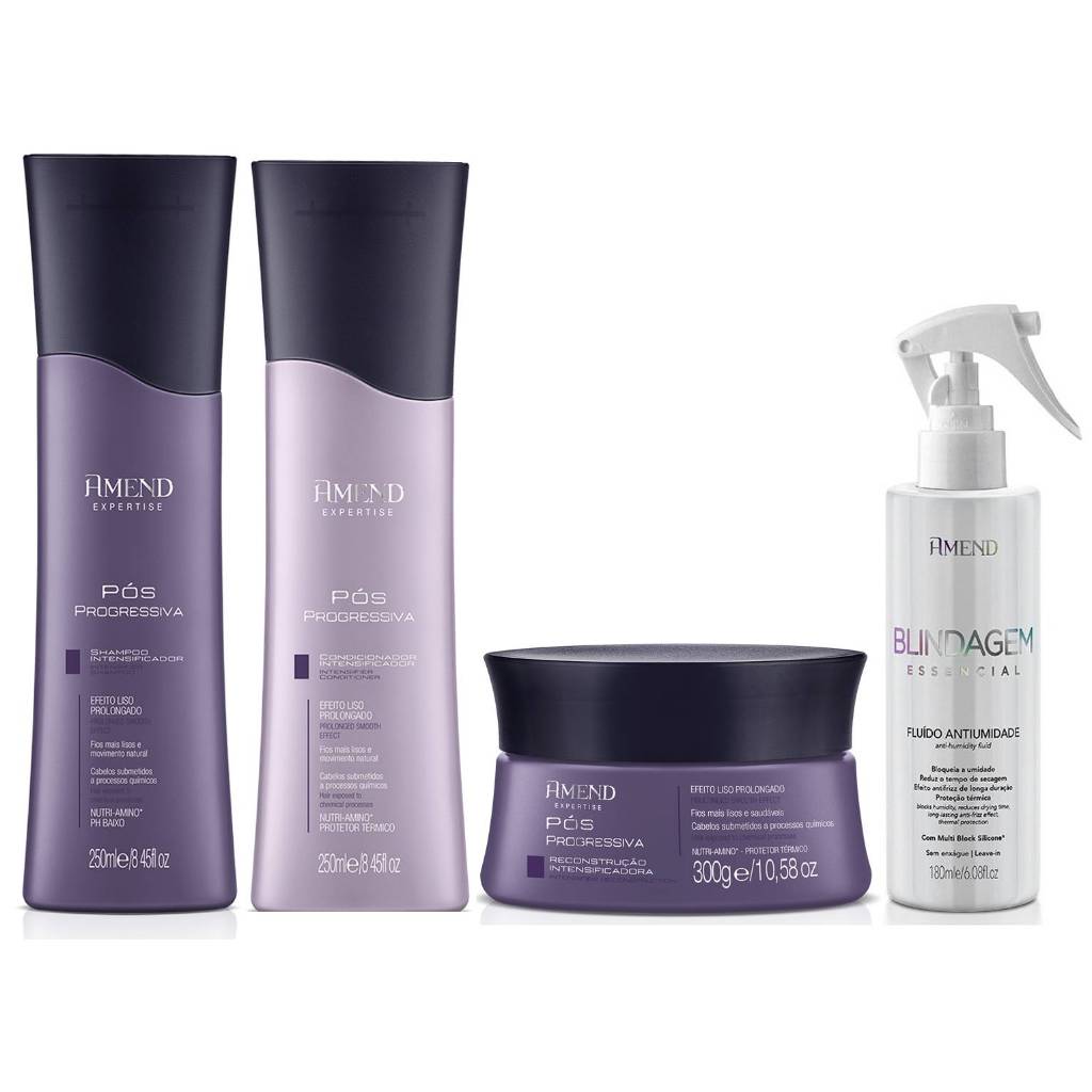 Kit Amend Pós Progressiva Shampoo + Condicionador 250ml + Mascara 300g + Fluido Blindagem 180ml Kit Amend Pós Progressiva Shampoo + Condicionador 250ml + Mascara 300g + Fluido Blindagem 180ml