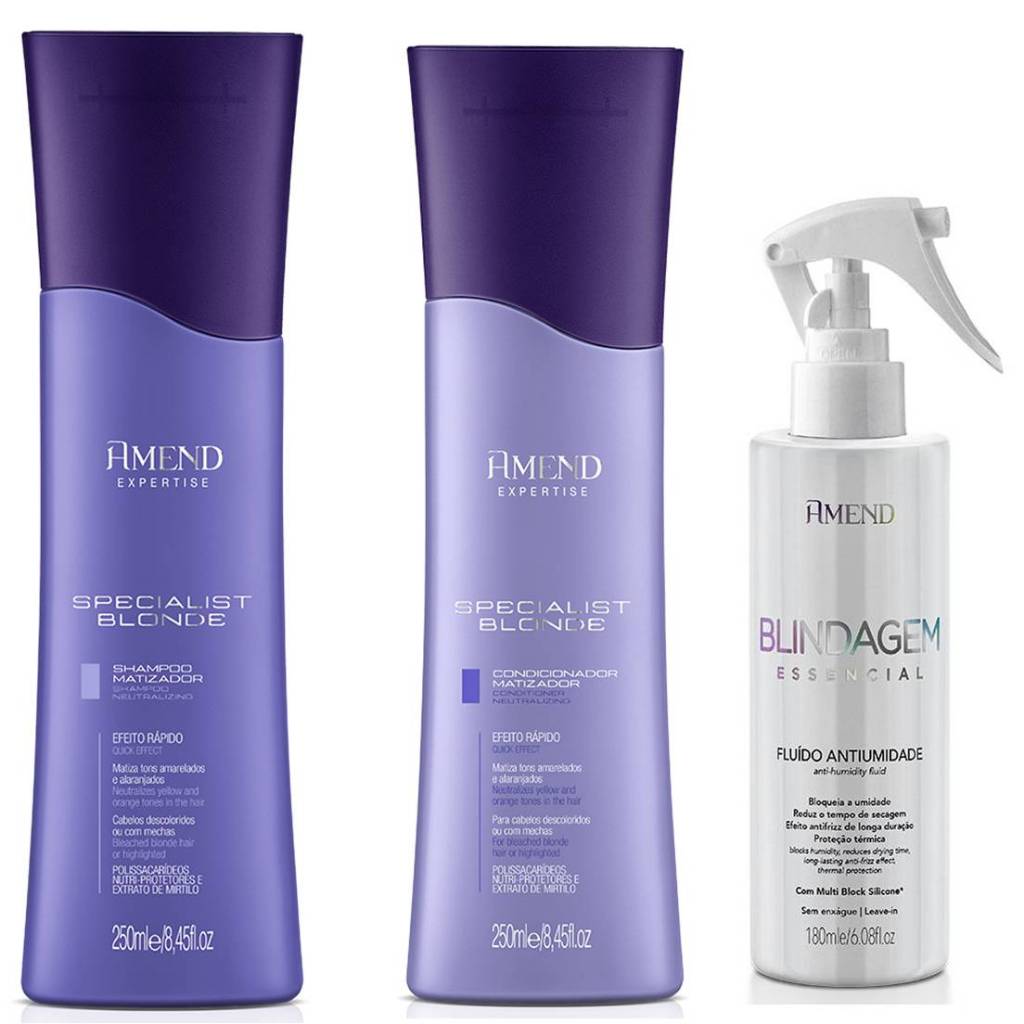Kit Amend Specialist Blond Shampoo 250ml + Condicionador 250ml + Fluido Blindagem Essencial 180ml Kit Amend Specialist Blond Shampoo 250ml + Condicionador 250ml + Fluido Blindagem Essencial 180ml