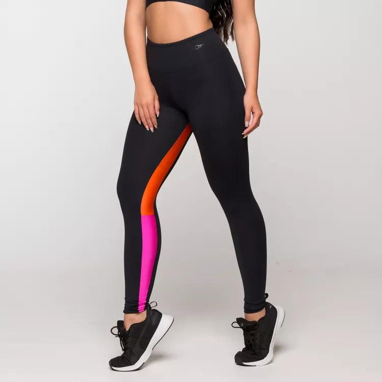 Calça Legging Fitness Feminina Academia Poliamida Preta com Detalhe Rosa e Laranja Nova York Calça Legging Fitness Feminina Academia Poliamida Preta com Detalhe Rosa e Laranja Nova York