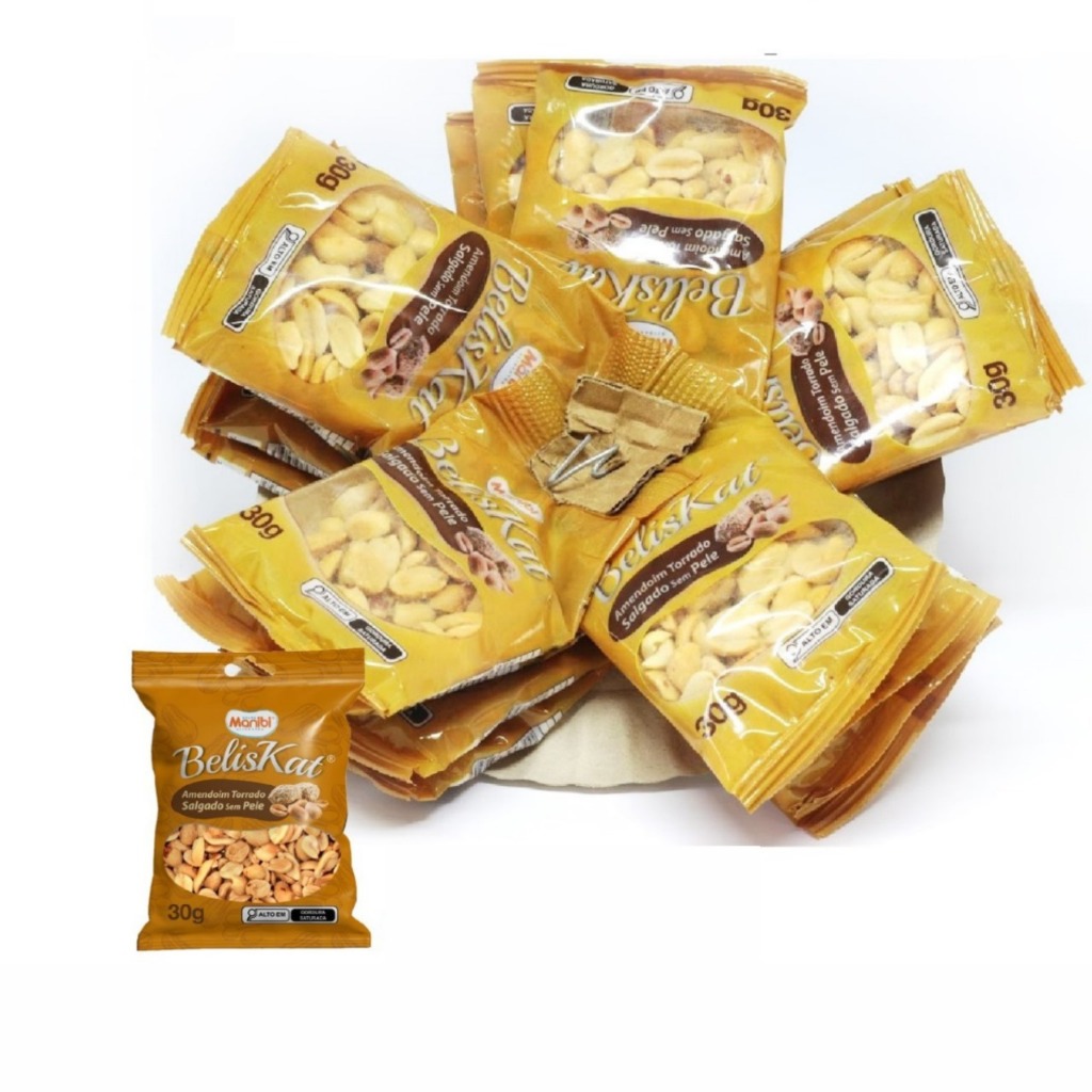 Espeto c/ 20 Pacotes Amendoim Torrado Diversos Sabores Beliskat 30g – Pacote com 600g!