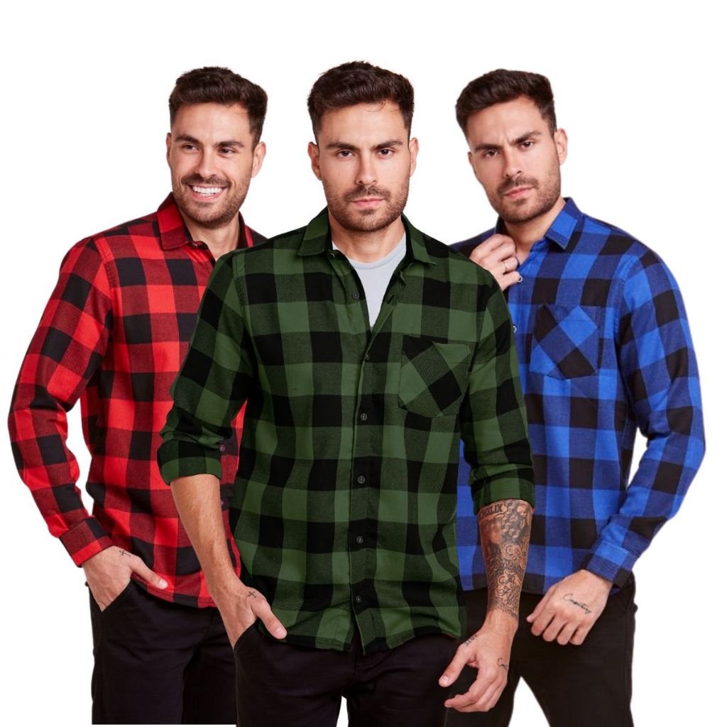 Kit 3 Camisa Xadrez Masculina Manga Longa Flanelada Kit 3 Camisa Xadrez Masculina Manga Longa Flanelada