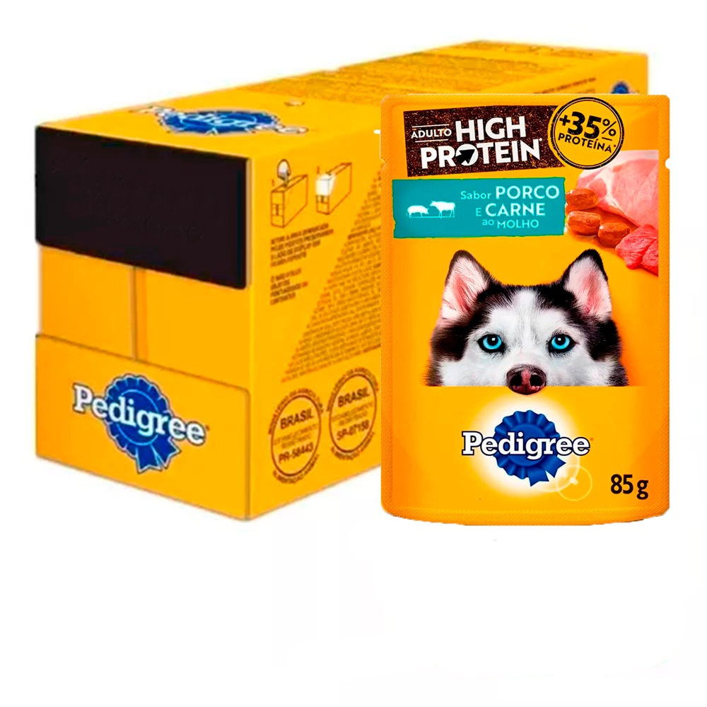 Kit 20un. Ração Úmida Pedigree High Protein Sachê Cães Adultos Porco e Carne Ao Molho 85g Kit 20un. Ração Úmida Pedigree High Protein Sachê Cães Adultos Porco e Carne Ao Molho 85g