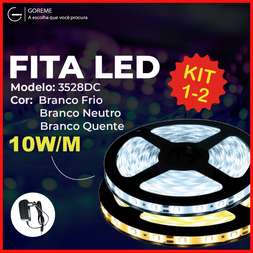 Fita LED 3528 Super Led Ultra 5M a prova d’água 600 Leds + Fonte | Luz Branca e Luz Neutro | IP20 (Acompanha Fonte) Fita LED 3528 Super Led Ultra 5M a prova d’água 600 Leds + Fonte | Luz Branca e Luz Neutro | IP20 (Acompanha Fonte)
