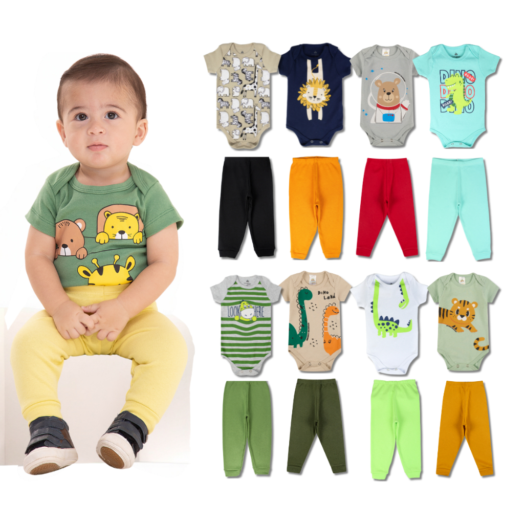 Kit 8 Peças de Roupas para Bebê Menino (4 Body Curto + 4 Calça Mijão)Kit 4 Body Roupa Infantil Bebê Kit 8 Peças de Roupas para Bebê Menino (4 Body Curto + 4 Calça Mijão)Kit 4 Body Roupa Infantil Bebê