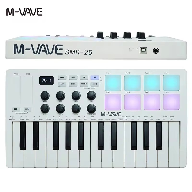 M-WAVE 25 teclas USB MIDI teclado controlador com 8 almofadas de bateria retroiluminadas, 8 botões e 2 listras de toque M-WAVE 25 teclas USB MIDI teclado controlador com 8 almofadas de bateria retroiluminadas, 8 botões e 2 listras de toque