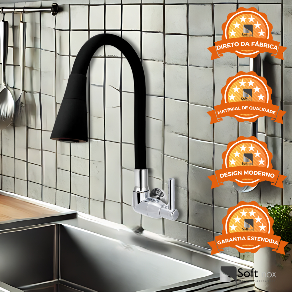 Torneira 2 Jatos de Parede Para Cozinha Cone Preto Base Cromada Torneira 2 Jatos de Parede Para Cozinha Cone Preto Base Cromada