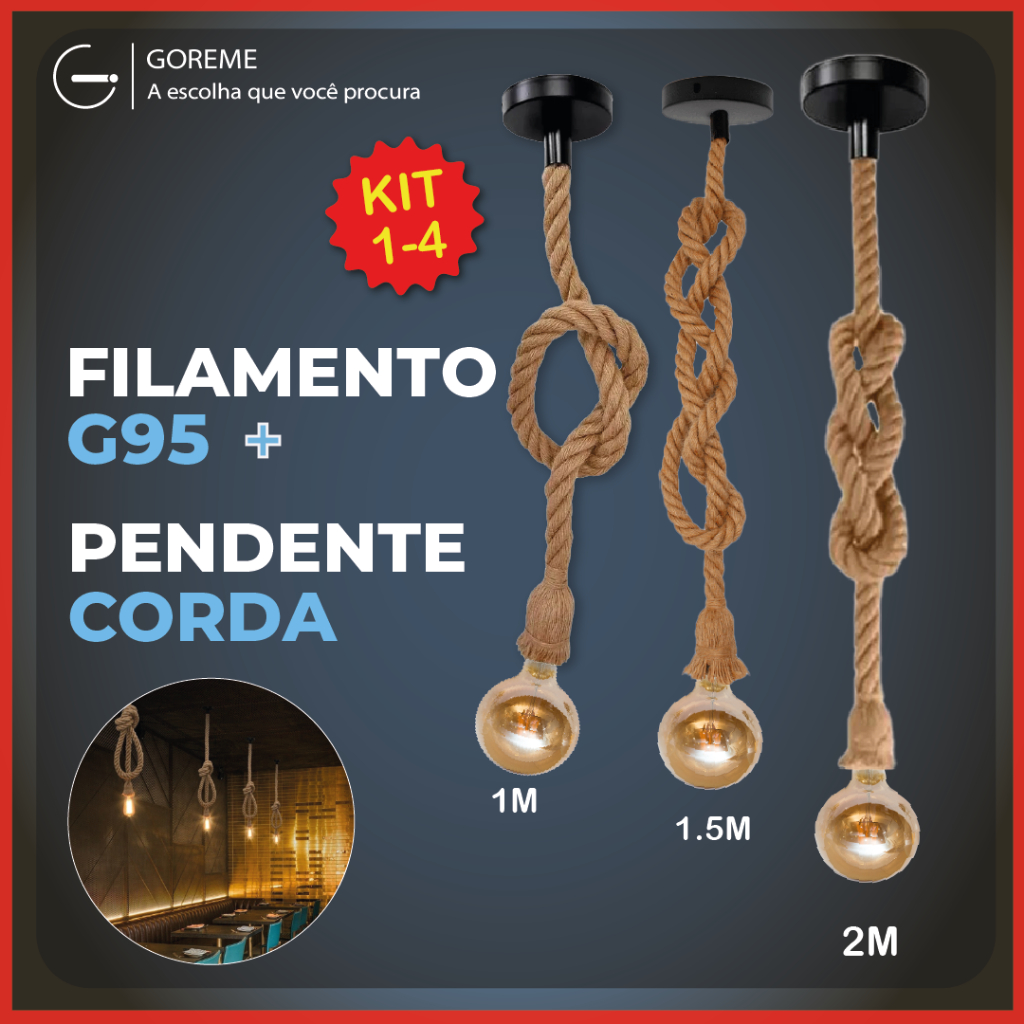 Pendente Corda 2M + Filamento Led G95 4W Retro Vintage Rústico Sisal E27 Luz Quente Bivolt 110V-220V Pendente Corda 2M + Filamento Led G95 4W Retro Vintage Rústico Sisal E27 Luz Quente Bivolt 110V-220V