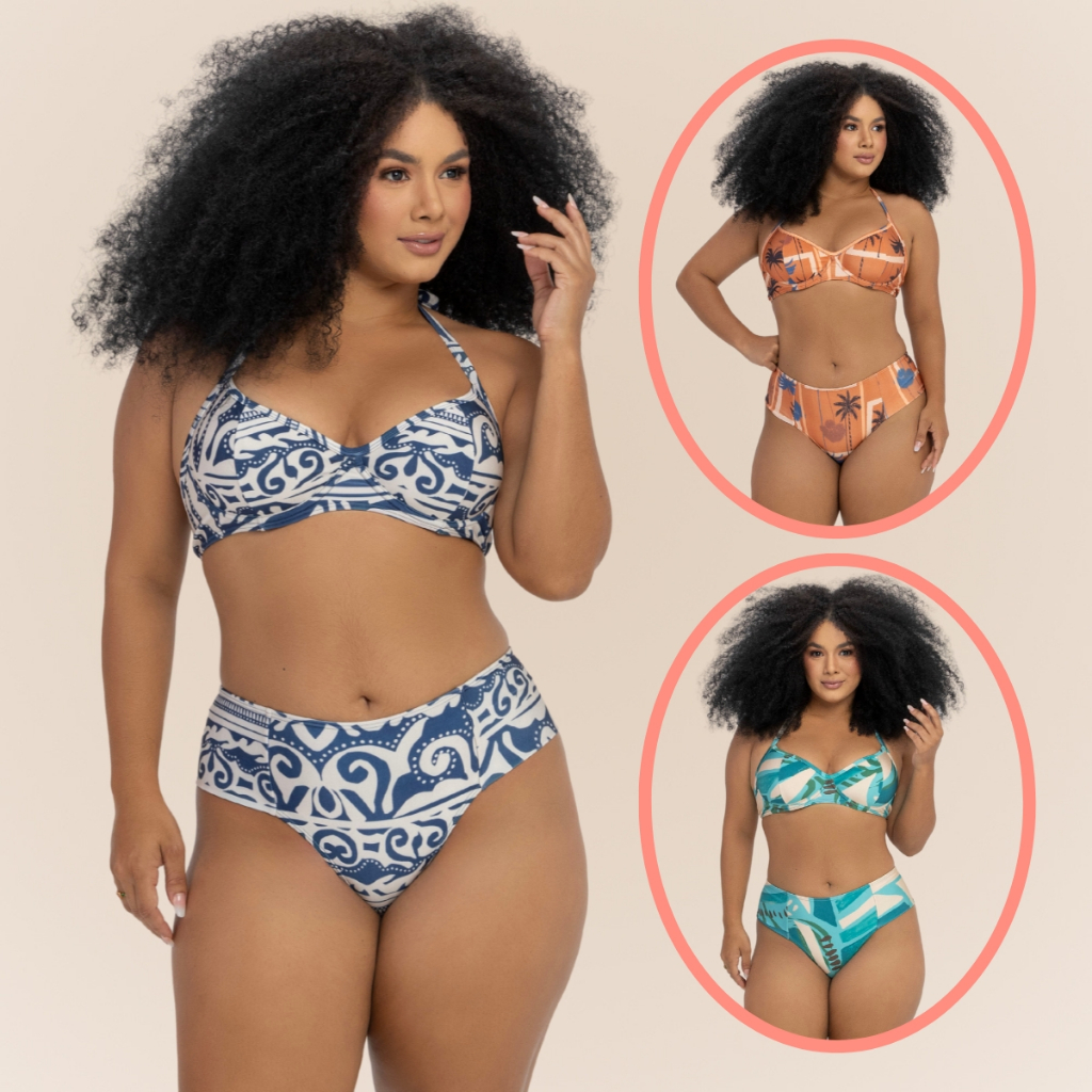 Conjunto Biquíni Plus Size Meia Taça Estampado Banho de Mar Liso Clássico Moda Praia Alça Ajustável Conjunto Biquíni Plus Size Meia Taça Estampado Banho de Mar Liso Clássico Moda Praia Alça Ajustável