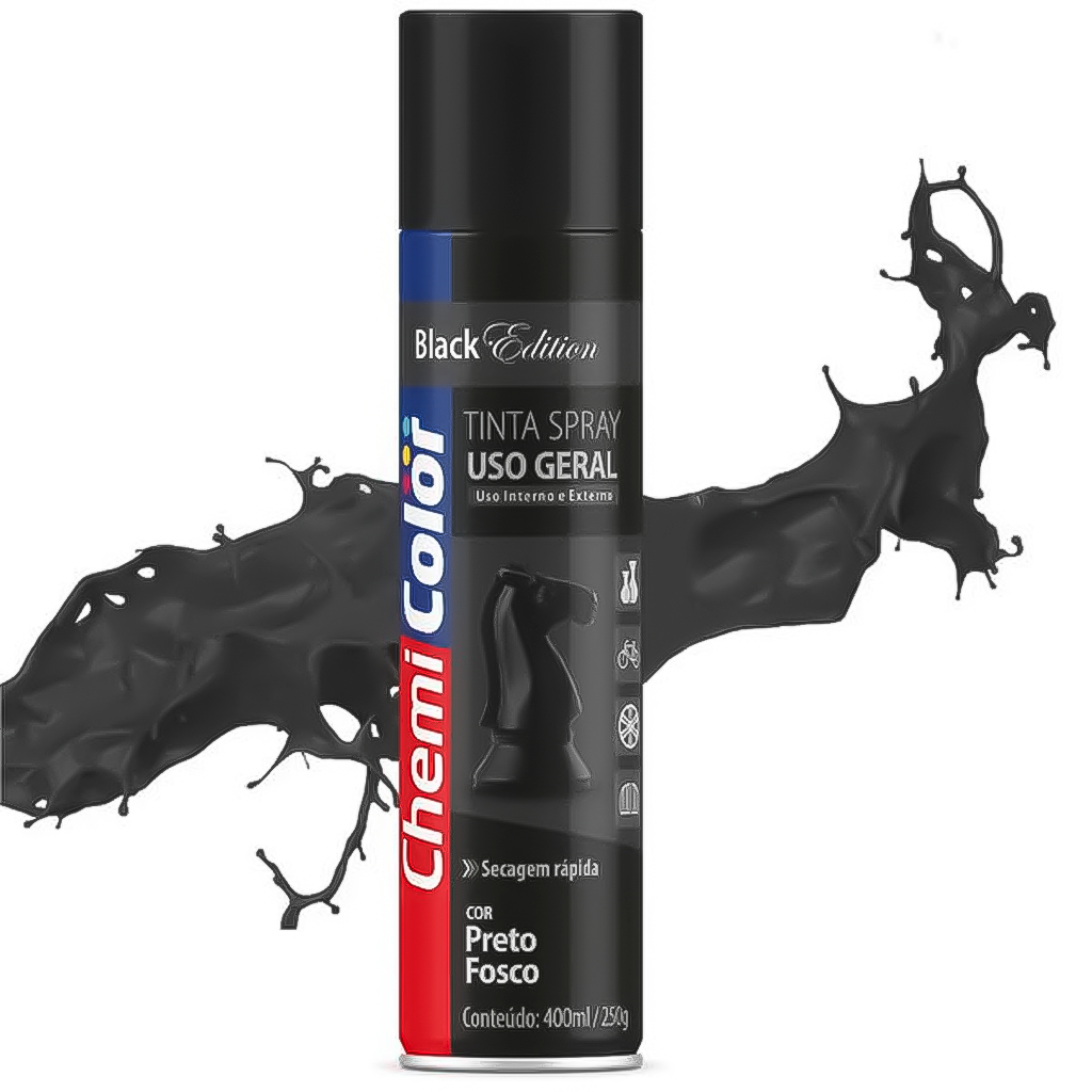 Tinta Spray Preto Fosco Uso Geral ChemiColor Uso Interno/Externo Secagem Rápida 400mL/250g Tinta Spray Preto Fosco Uso Geral ChemiColor Uso Interno/Externo Secagem Rápida 400mL/250g