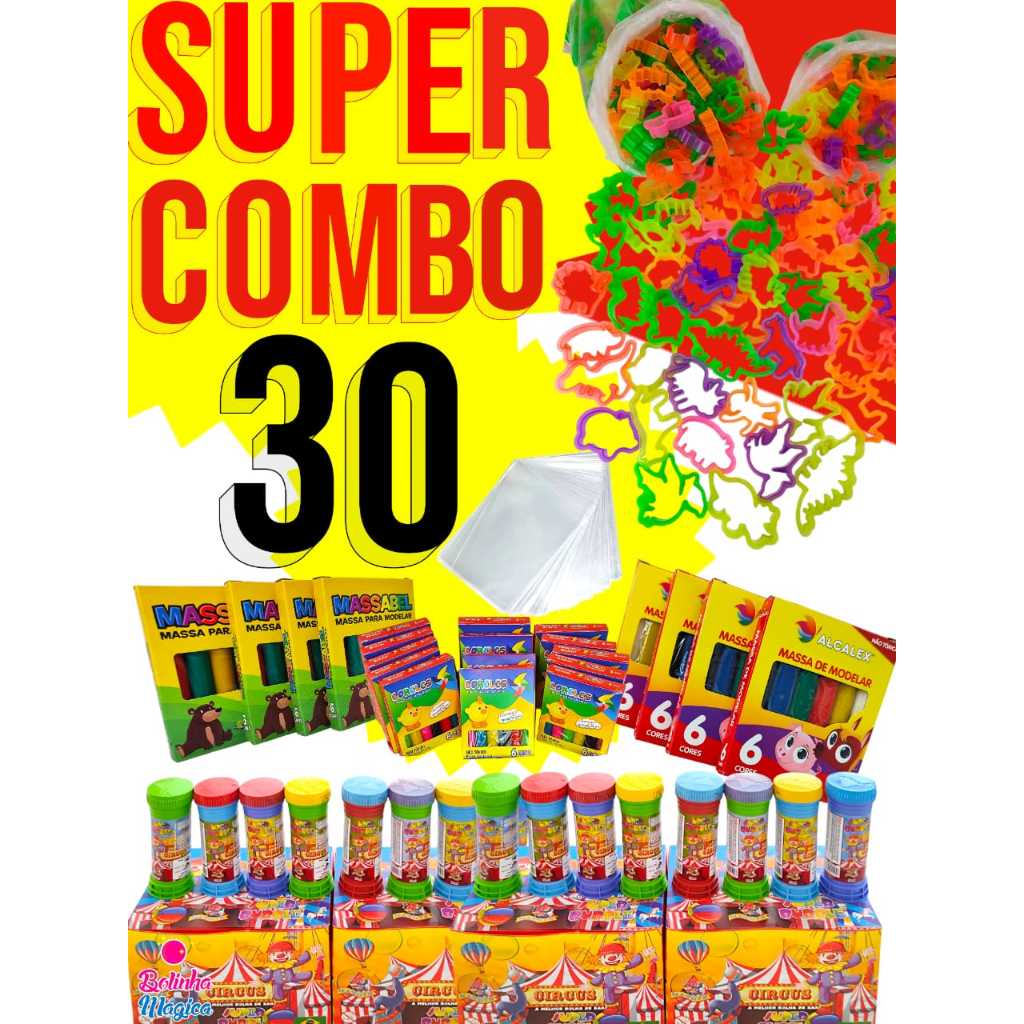 Kit Completo 30 Cx Massinha de Modelar + 30 Bolha de Sabao+ 30 Cortador + 30 Saquinho Lembrancinha Kit Completo 30 Cx Massinha de Modelar + 30 Bolha de Sabao+ 30 Cortador + 30 Saquinho Lembrancinha