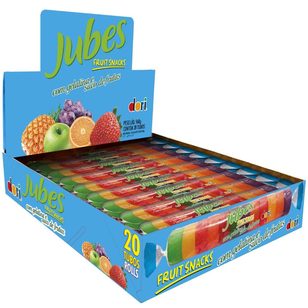 Balas de Goma Jubes Fruit Snacks Tropical Tubo C/20un 960g – Dori Balas de Goma Jubes Fruit Snacks Tropical Tubo C/20un 960g – Dori