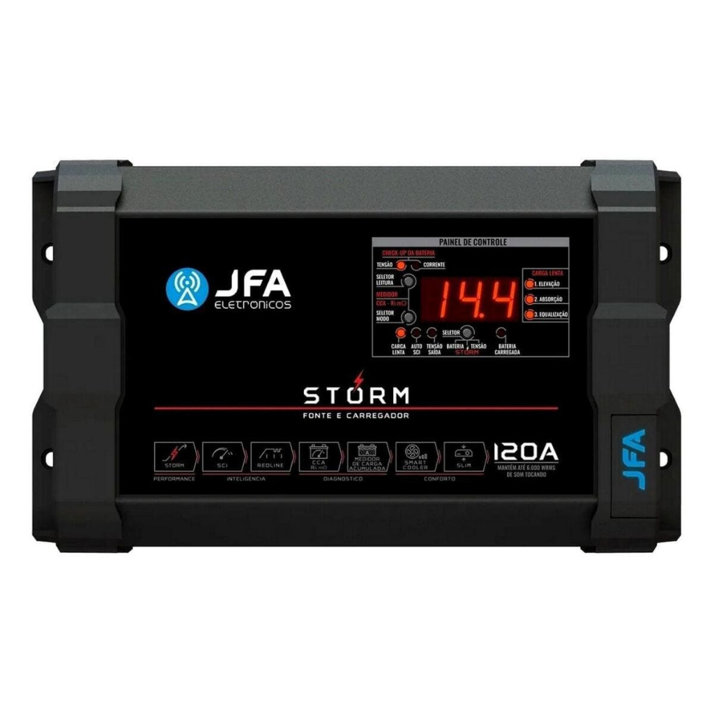 Fonte Automotiva JFA Storm 120A Bivolt Voltímetro Amperímetro Diagnóstico de Bateria Fonte Automotiva JFA Storm 120A Bivolt Voltímetro Amperímetro Diagnóstico de Bateria