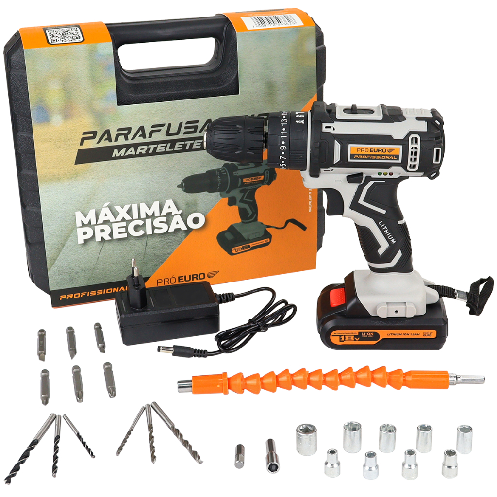 Parafusadeira com Martelete 18V Profissional Sem Fio Pró Euro com Maleta Parafusadeira com Martelete 18V Profissional Sem Fio Pró Euro com Maleta