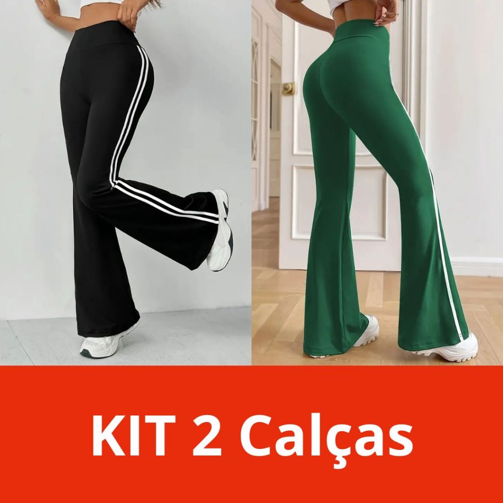 Kit 02 Calças Cintura Alta Bailarina com Listras Laterais Moda Tendência Estilosa Kit 02 Calças Cintura Alta Bailarina com Listras Laterais Moda Tendência Estilosa