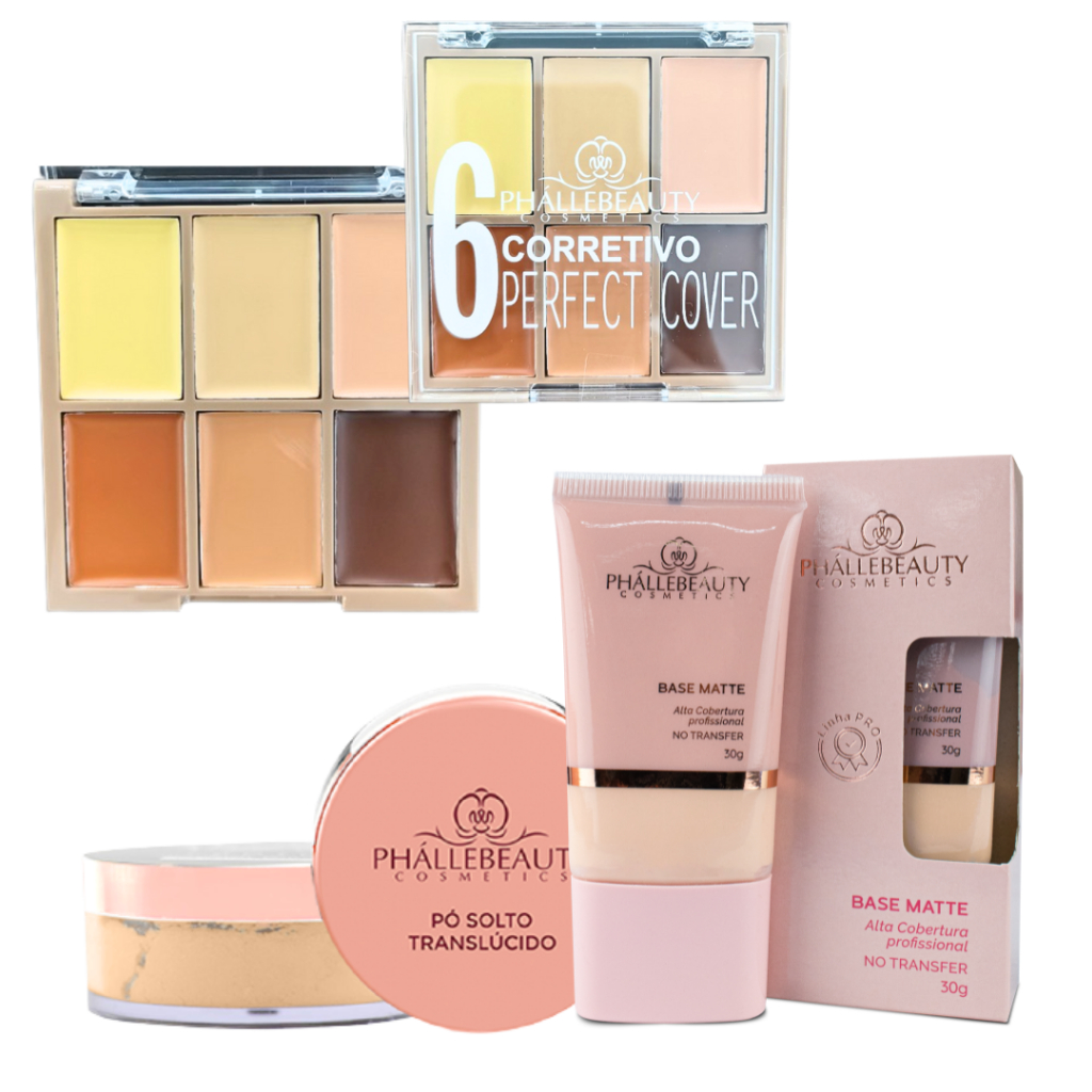 Kit Base Matte + Pó Translúcido + Paleta de Corretivos Perfect Cover PhálleBeauty PH5008 Kit Base Matte + Pó Translúcido + Paleta de Corretivos Perfect Cover PhálleBeauty PH5008