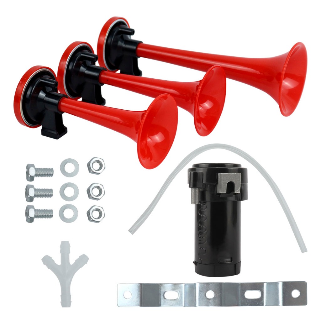 Buzina Ar Pneumática 3 Cornetas Ar Comprimido Verdureiro Com Compressor Vermelha Universal Buzina Ar Pneumática 3 Cornetas Ar Comprimido Verdureiro Com Compressor Vermelha Universal