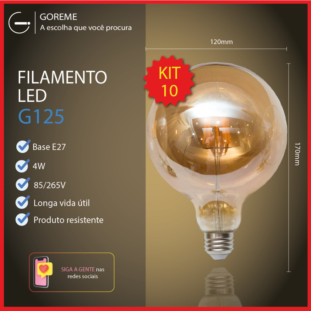 Kit 10 Lâmpada Filamento LED G125 4W E27 LUZ QUENTE Âmbar Retrô Vintage 110V~220V | Bivolt Kit 10 Lâmpada Filamento LED G125 4W E27 LUZ QUENTE Âmbar Retrô Vintage 110V~220V | Bivolt
