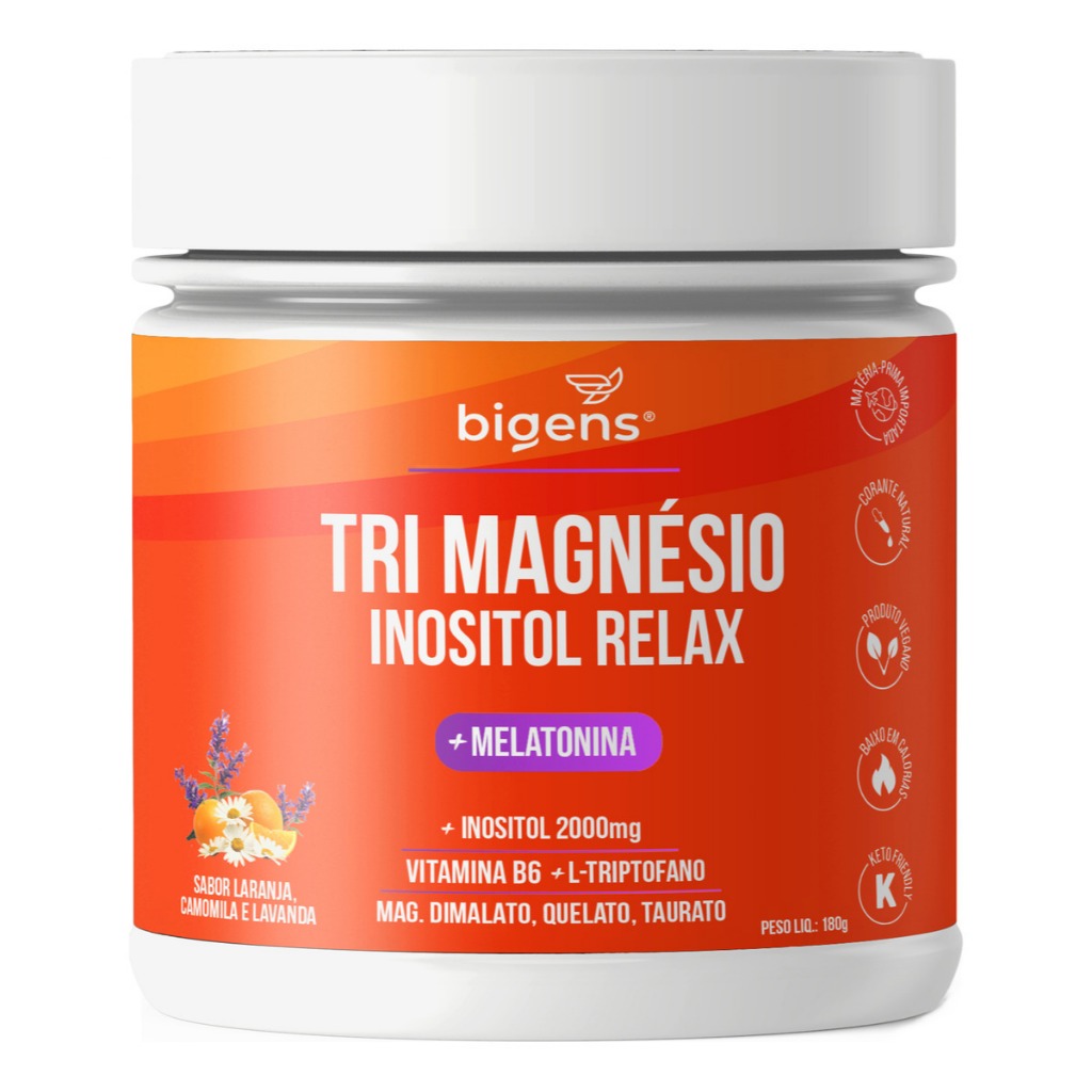 Tri Magnésio Inositol Relax + Melatonina, Sabor Laranja, Camomila e Lavanda 180g | Bigens Tri Magnésio Inositol Relax + Melatonina, Sabor Laranja, Camomila e Lavanda 180g | Bigens
