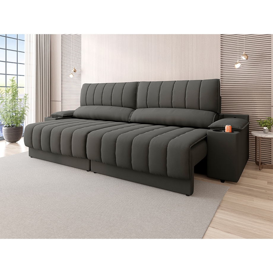 Sofá com Porta Copos Carregador USB Ret Rec Murano 2,00m Velosuede – NETSOFAS Sofá com Porta Copos Carregador USB Ret Rec Murano 2,00m Velosuede – NETSOFAS