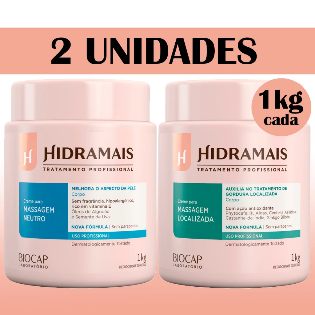 Kit com 1 Creme Hidramais para Massagem Neutro 1kg + 1 Creme Hidramais para Massagem Localizada 1kg Kit com 1 Creme Hidramais para Massagem Neutro 1kg + 1 Creme Hidramais para Massagem Localizada 1kg