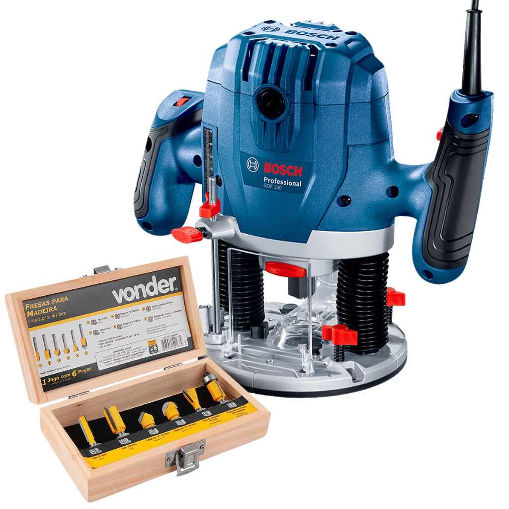 Tupia GOF 130 Bosch 1300W com 6 Fresas Vonder Tupia GOF 130 Bosch 1300W com 6 Fresas Vonder
