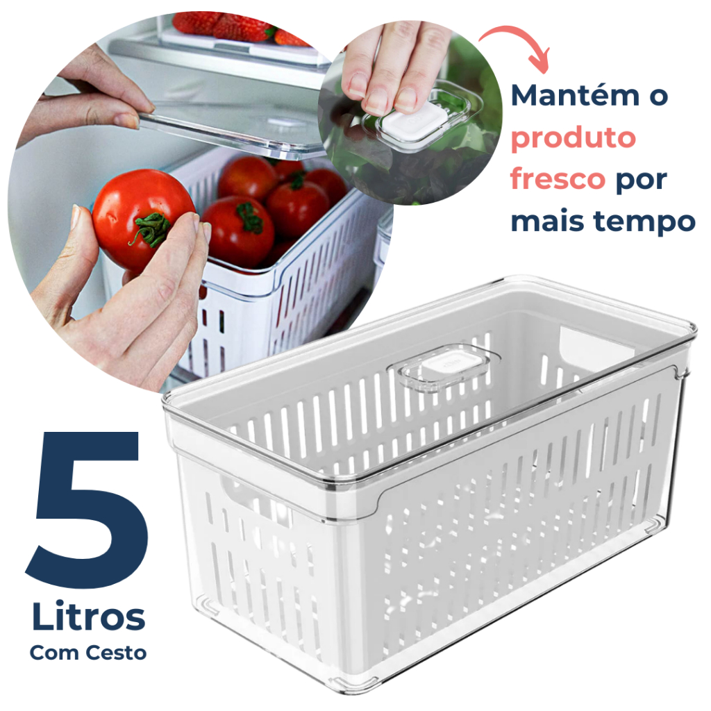 Organizador de Geladeira 5L Acrílico Com Cesto Drenagem para Alimentos Vegetais Cozinha Natural Ou Organizador de Geladeira 5L Acrílico Com Cesto Drenagem para Alimentos Vegetais Cozinha Natural Ou