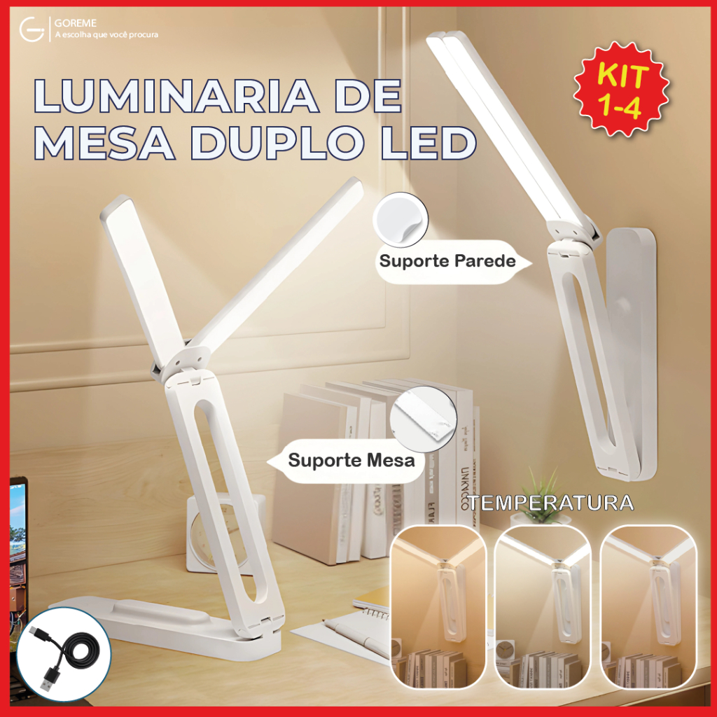 Luminária Articulada com 2 Aberturas Led Abajur de Mesa Recarregável via USB 3 Tons de Luz Luminária Articulada com 2 Aberturas Led Abajur de Mesa Recarregável via USB 3 Tons de Luz