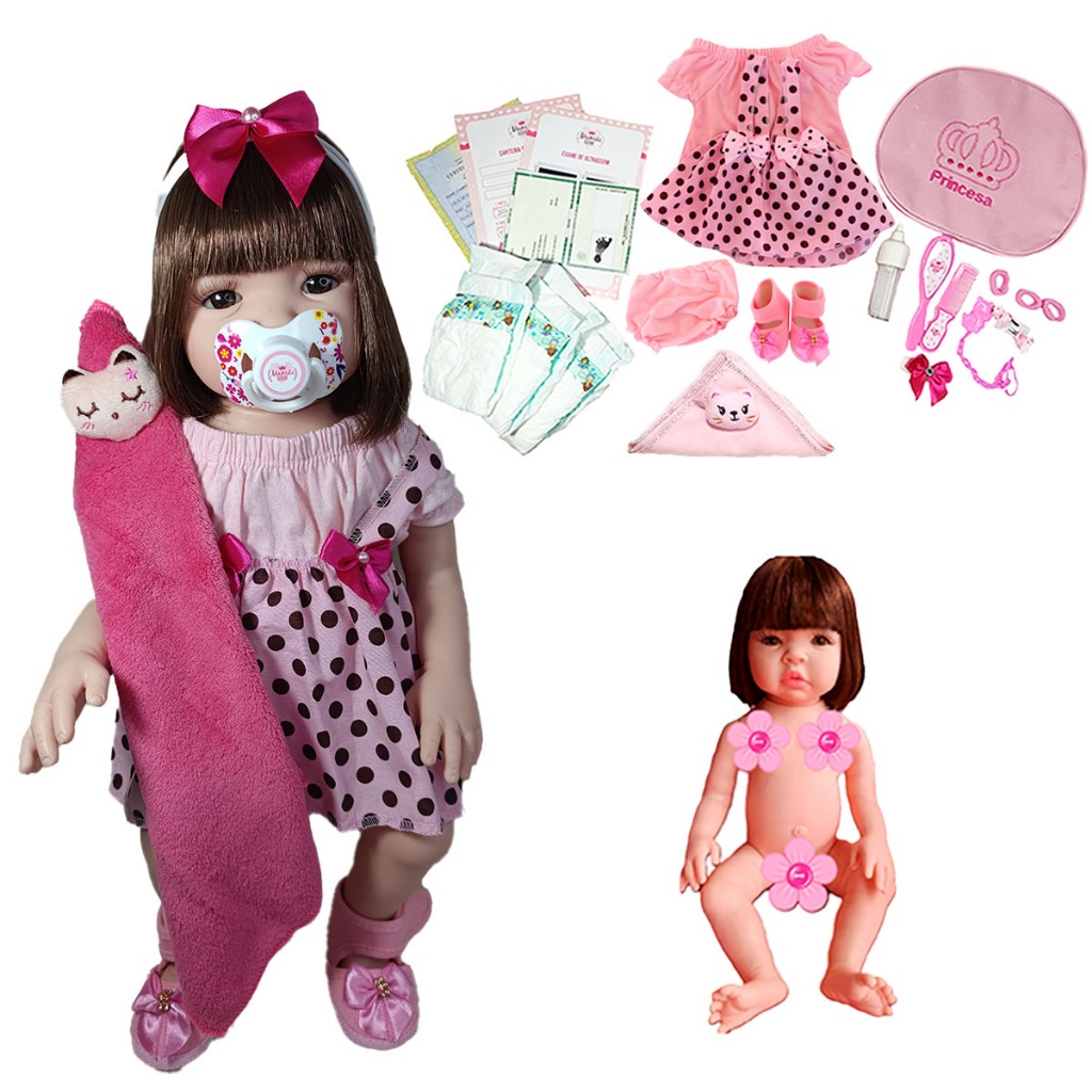 Bebe Reborn Silicone Menina Pode Dar Banho + Bolsa + Pelúcia – 48cm! Bebe Reborn Silicone Menina Pode Dar Banho + Bolsa + Pelúcia – 48cm!